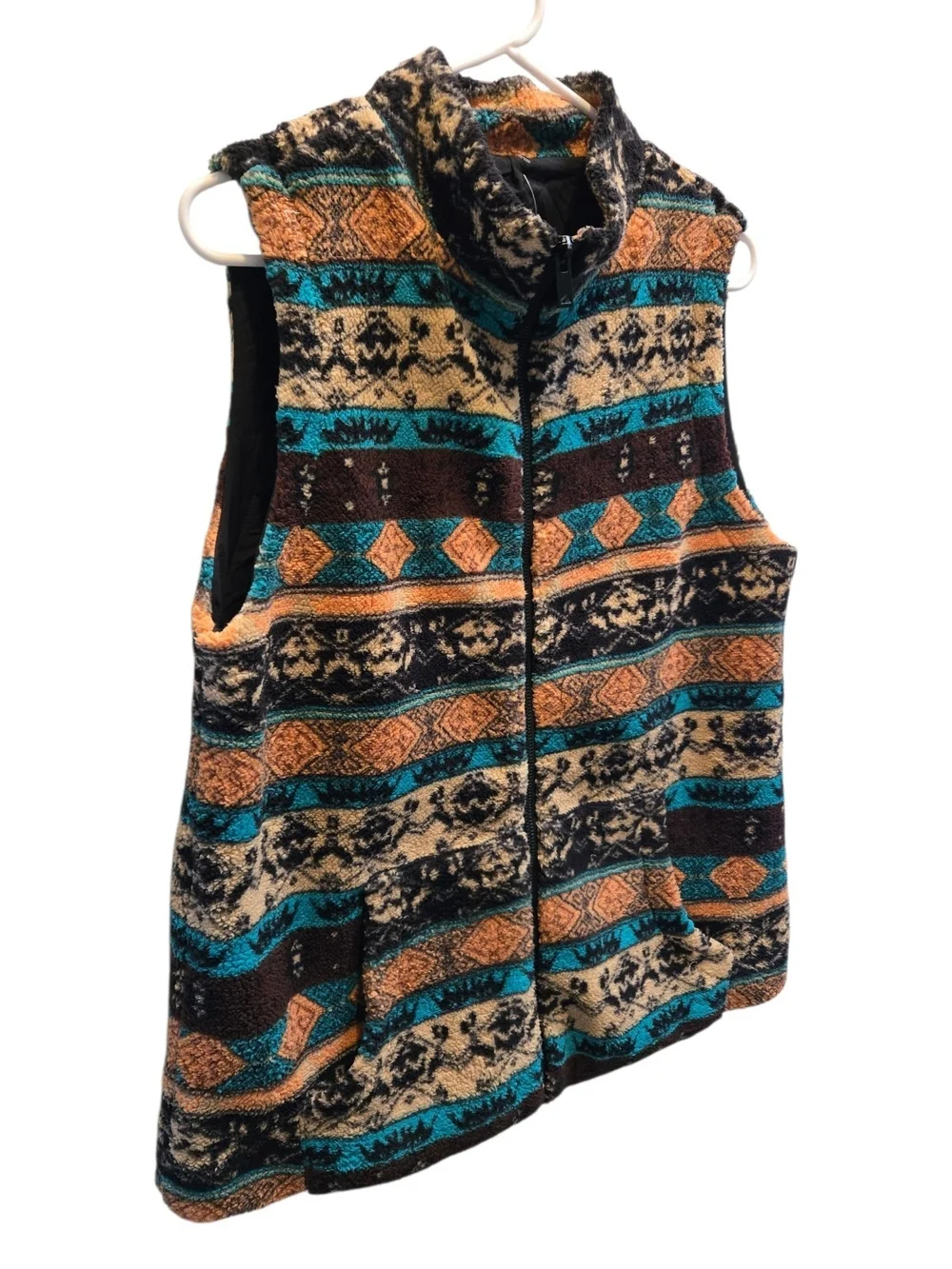 Women's Patterned Zip Fleece Vest - Teal & Brown SZ L